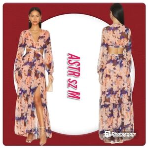 Astr The Label Cut Out Long Sleeves Flowy Floral Side Slit Maxi Long Dress